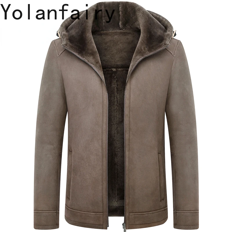 

High End Lamb Fur Coat Men's Winter Hooded Real Leather and Fur Jacket Slim Business Casual Thick Coats and Jackets Men Clothing