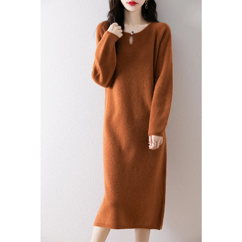 ADDONEE New Women Exquisite Buttons Long Style Dress Autumn Winter 100% Merino Wool Slim Solid Knitwear Popular Clothing Dres