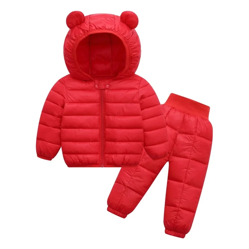 Toddler Winter Baby Girls Boys Warm Faux Down Hoody Jacket Coat Clothes Sets Children Kids Snowsuit Outerwear Pants Overalls