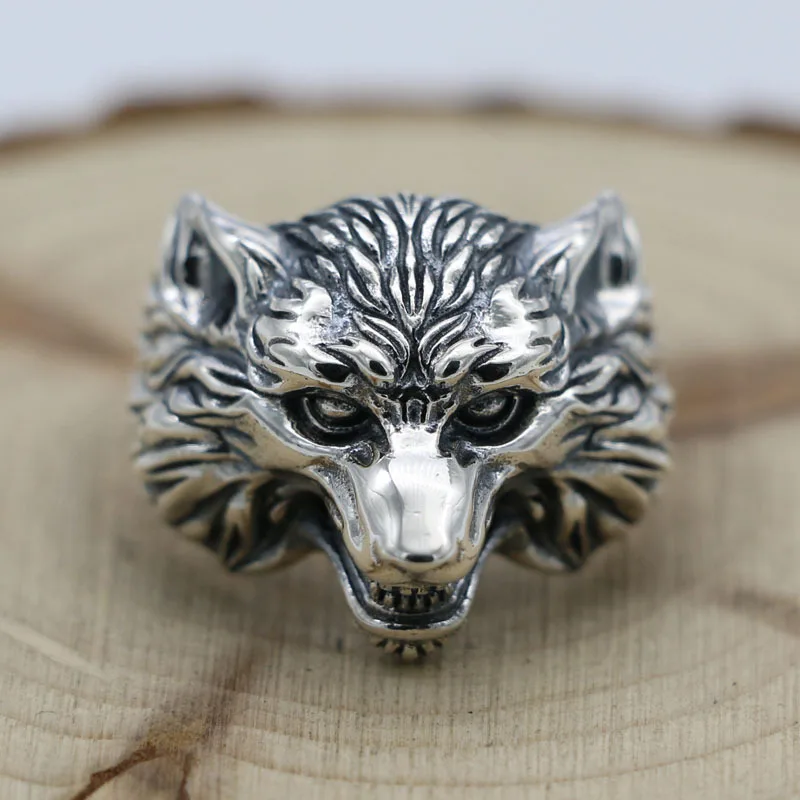 

S925 sterling silver personalized domineering wolf dog ring retro Thai silver punk men's index finger ring open ring trendsetter