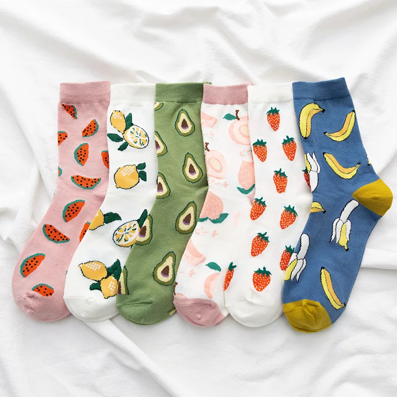 New Korean Women Socks Cute Fruit Cartoon Avocado Banana Watermelon Lemon Soft Cotton Funny Street Socks Christmas Gift