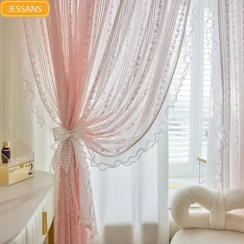 French Girl Pink Lace Wood Ear Edge Splicing Window Screen Curtains for Living Room Bedroom French Window Custom Curtain