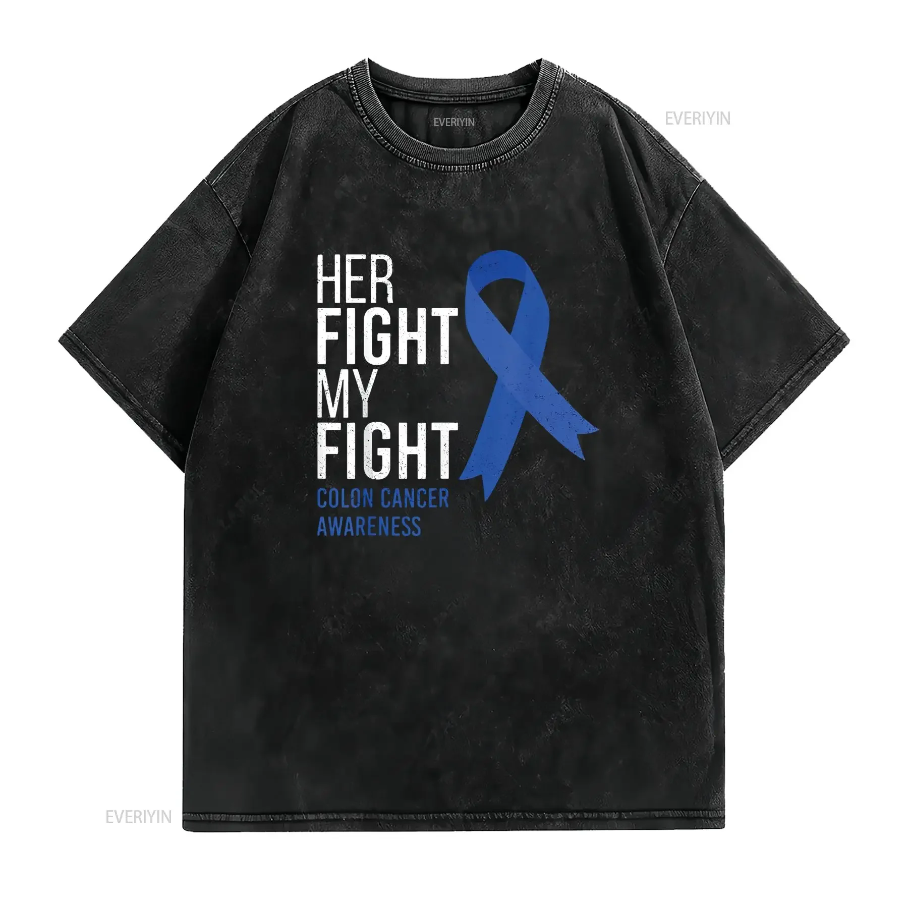 Womens Her Fight is My Colon Cancer Awareness Blue Ribbon T Shirt Black vintage Washed graphic designer clothes streetwear
