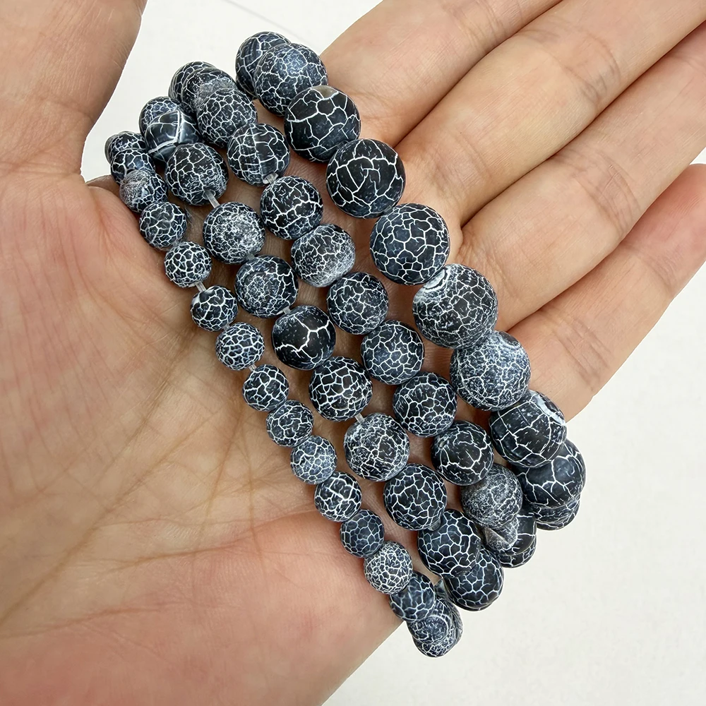 Natural Stone Frost Crab Black Agate Round Loose Beads 6 8 10 12MM Pick Size For Jewelry Making