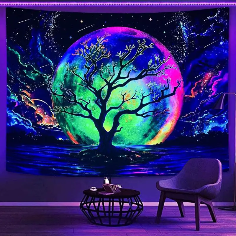 VIKAMA Brilliant Emerald Rose Lunar Orb Bare Branches Deep Space Black Light Tapestry UV Active Wall Decor Soft Durable Cozy