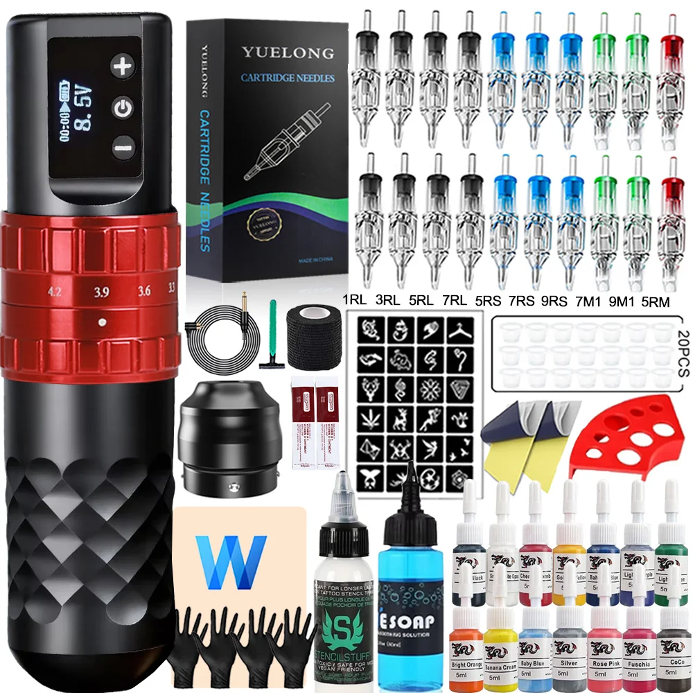 Wireless Tattoo Pen Machine Kit Rotary Tattoo Gun Adjustable Stroke (2.4-4.2mm) Cartridge Needles Ink Set Cordless Tattoo Kit