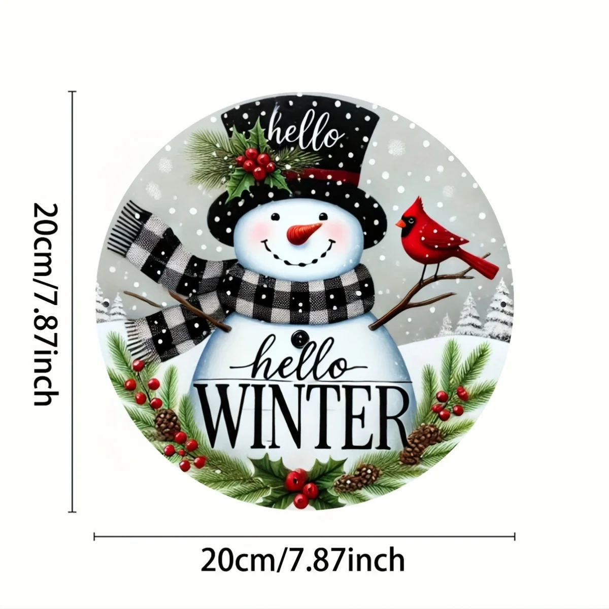 Winter Greetings Carved aluminum foil sign with Holly wreath center attachment, vintage metal tin plate for door, home