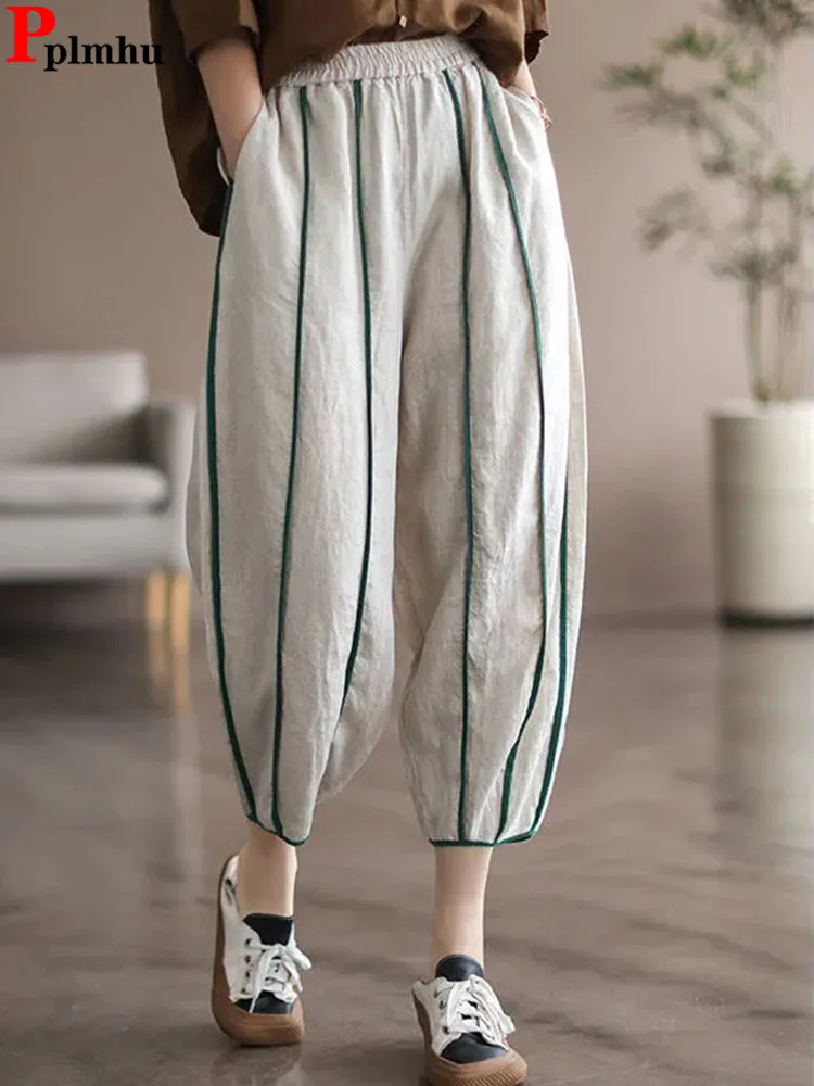 

Striped Baggy High Waist Harem Pants Women Chic Casual Cotton Linen Loose Pantalones Korean Fashion Summer Ankle Length Spodnie