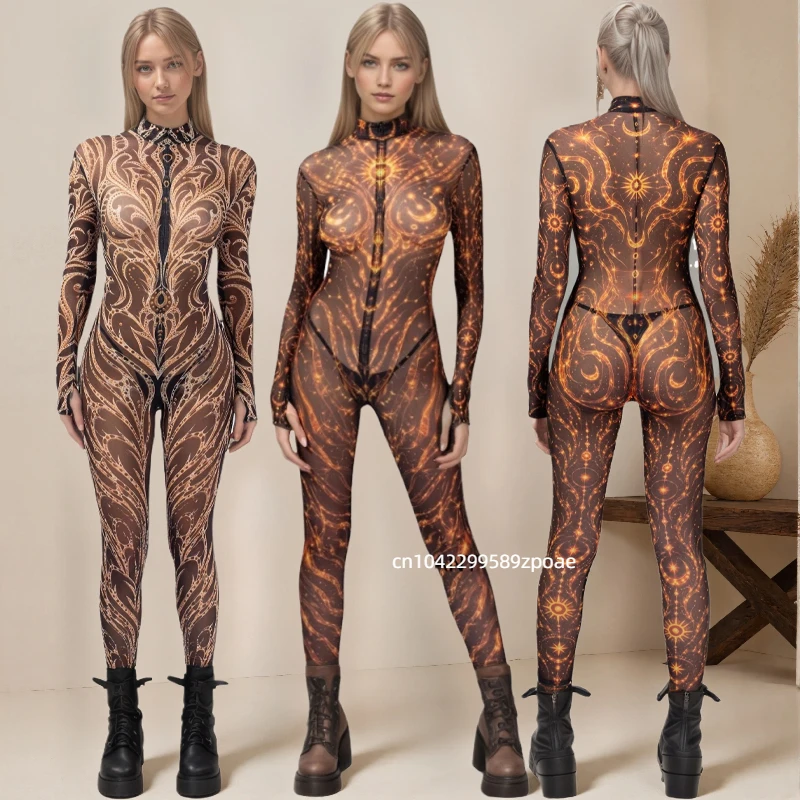 Photography Yoga - Women Abstract Golden Flame Galaxy Bodysuit