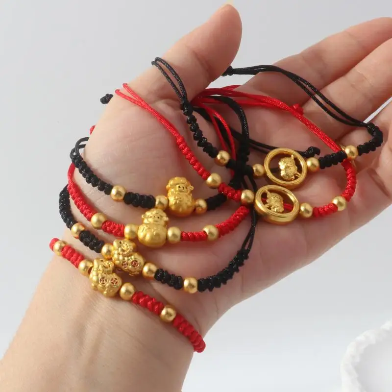 Verstellbares Zodiak-Ziegen-Armband, vergoldeter Charm, geflochtenes Seilarmband, chinesische Perlen, Damen, Neu – Detail 4
