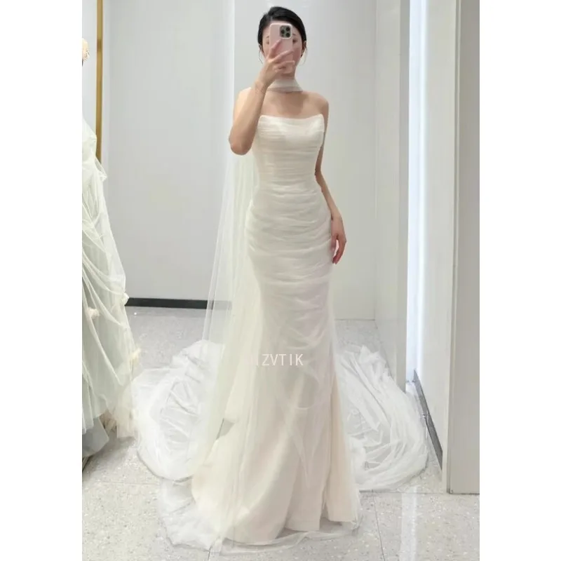 

White Strapless Mermaid Korea Wedding Dresses Customised Photoshoot Soft Pleats Tulle Scarf Floor Length Elegant Bridal Gowns