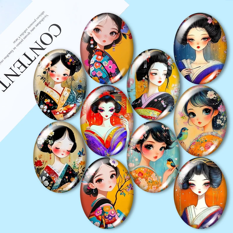 Elegant Japanese woman  10pcs mixed 13x18mm/18x25mm/30x40mm Oval photo glass cabochon demo flat back Making findings