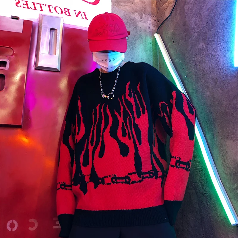 Harajuku O-Neck Loose Y2k Vintage Pull Pullovers Knitted Men Clothes Casual Couple Red Flame Knitted Sweater Men Hip Hop Jumpers