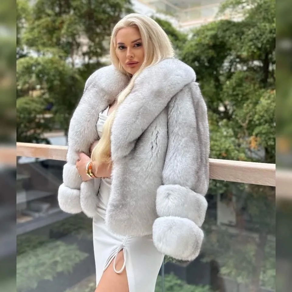 

2024 New Women's Fox Fur Coat 100% True Fox Fur Coat Flip Collar Clothing Winter Warm Fashion