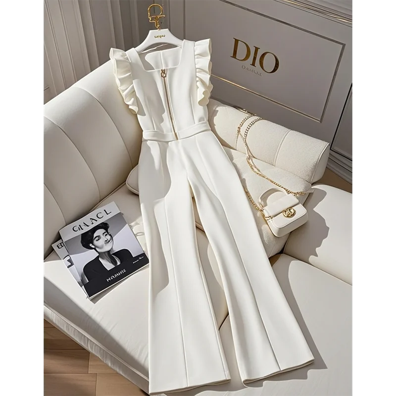 

2025 Women Creamy White Jumpsuit Summer New Top-Grade Sleeveless Casual Waist Was Thin Wide-Leg Pant Rompers Female Jumpsuit