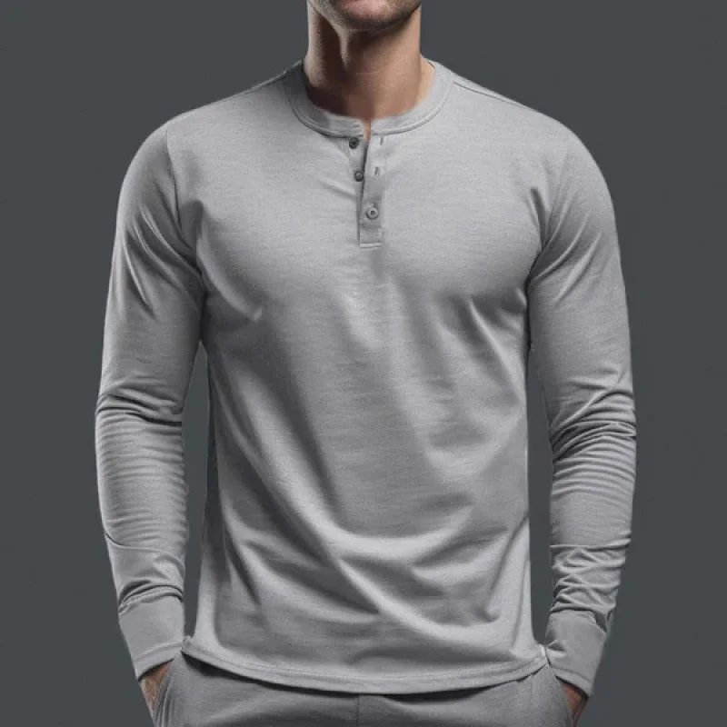 2024 Spring Autumn New Men\'s Pullovers Crew Neck Button Solid Color Fashion Slim Young Style Classic Long Sleeve T-shirt Tops