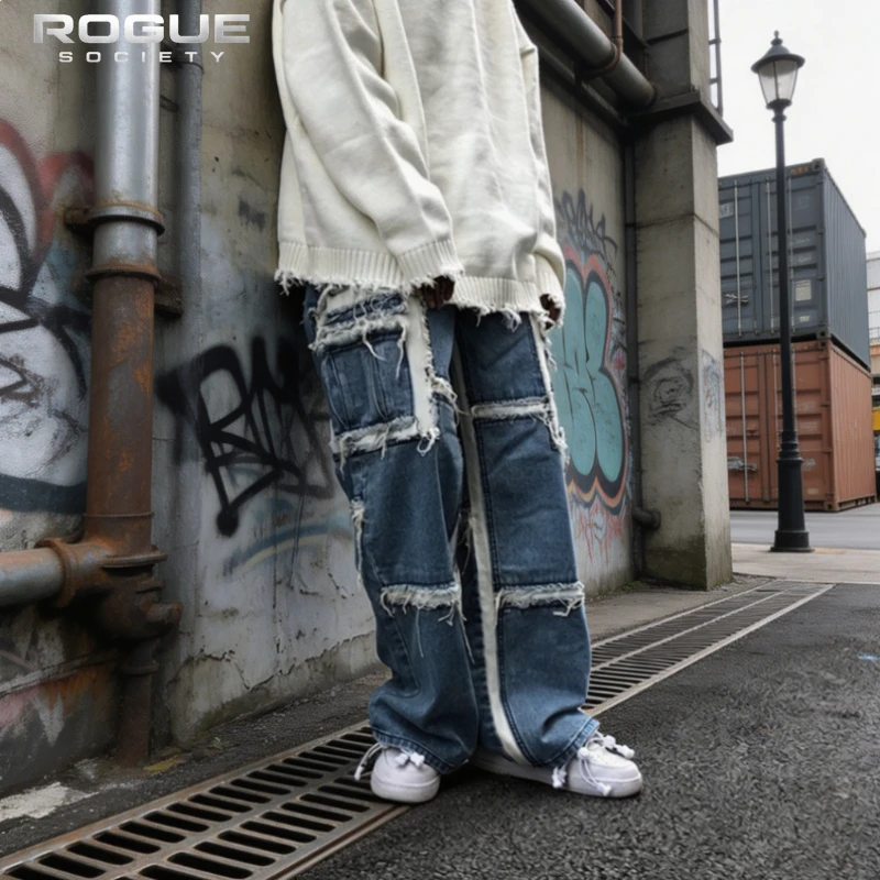 

Streetwear Casual Patchwork Jeans Men Baggy Wide Leg Distressed Y2K Grunge HipHop High Street Harajuku Denim Pants Unisex Edgy
