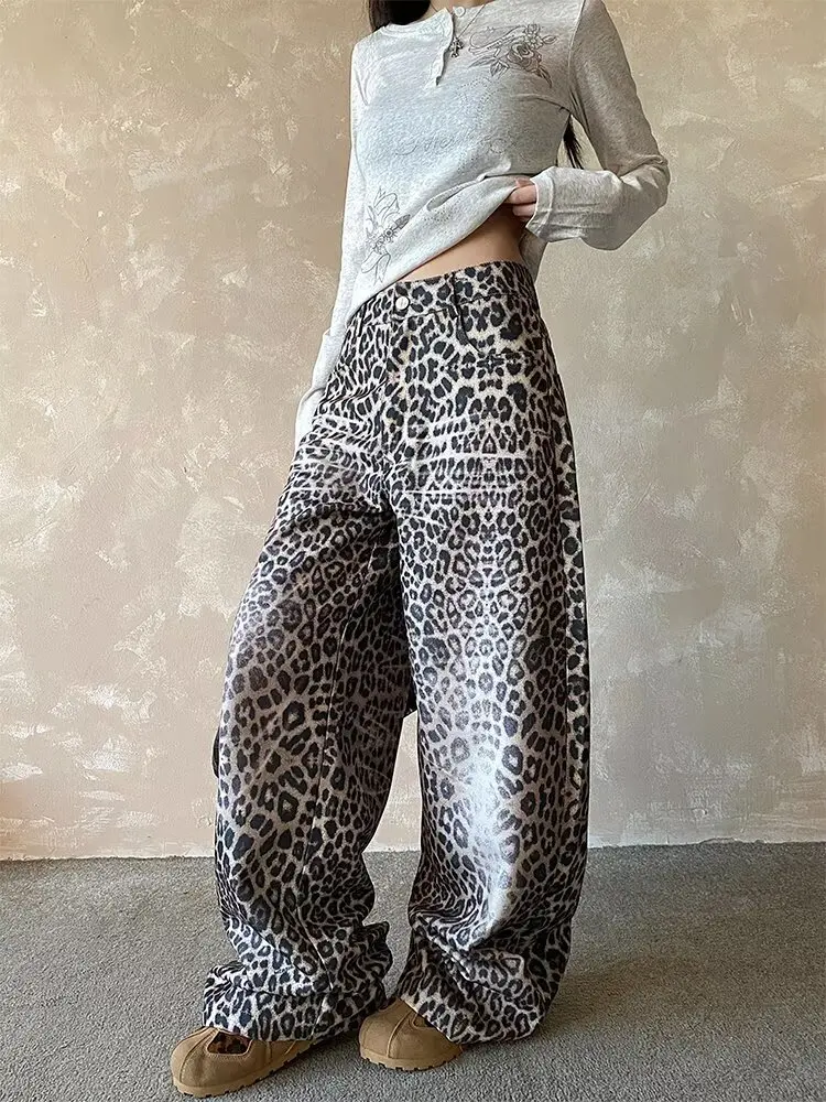 

Y2K Leopard Print Jeans Women American High Street Retro Washed Casual Straight Leg Loose Slimming Wide Leg Long Weight