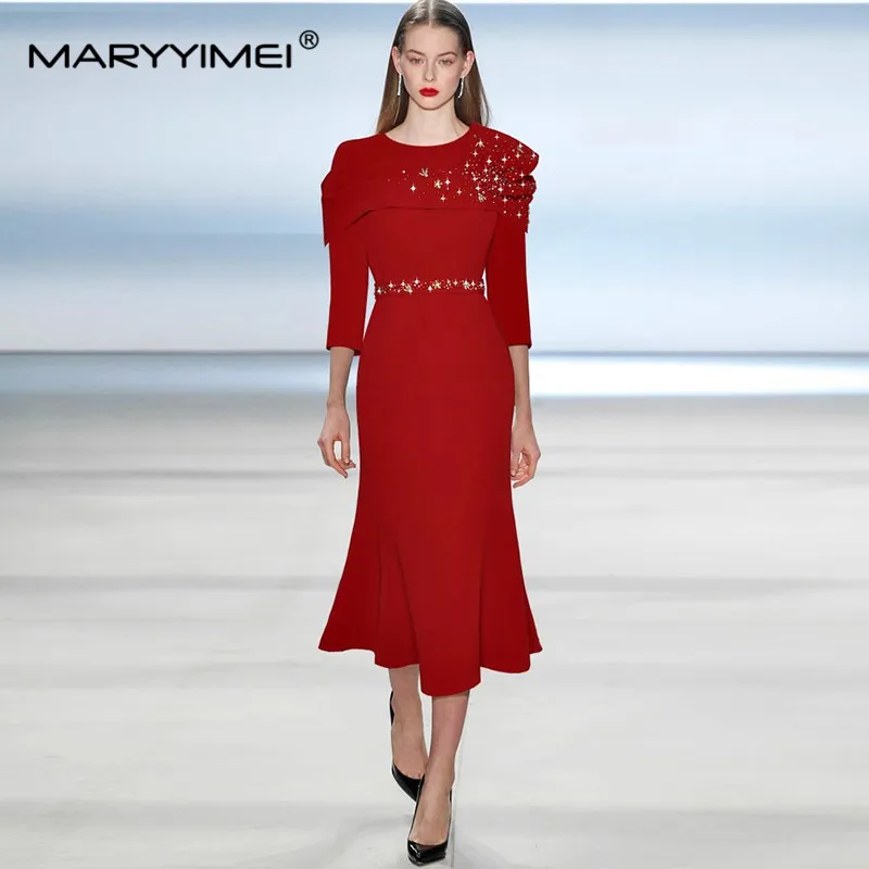 MARYYIMEI Fashion Autumn and Winter Women\'s Dress Three Quarter Sleeve High waist Crystal Slim-Fit Hip Wrap Mermaid Dresses