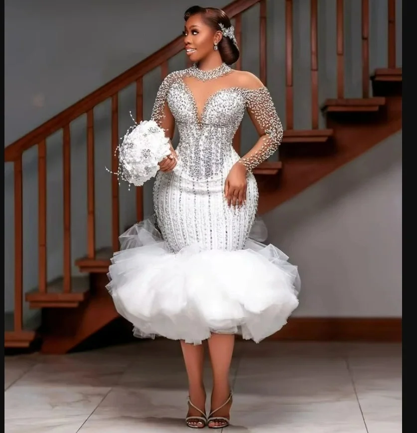 Vestido De novia personalizado De lujo hecho a mano con cuentas De cristales pesados, bata De boda, vestidos De novia hasta la rodilla De sirena