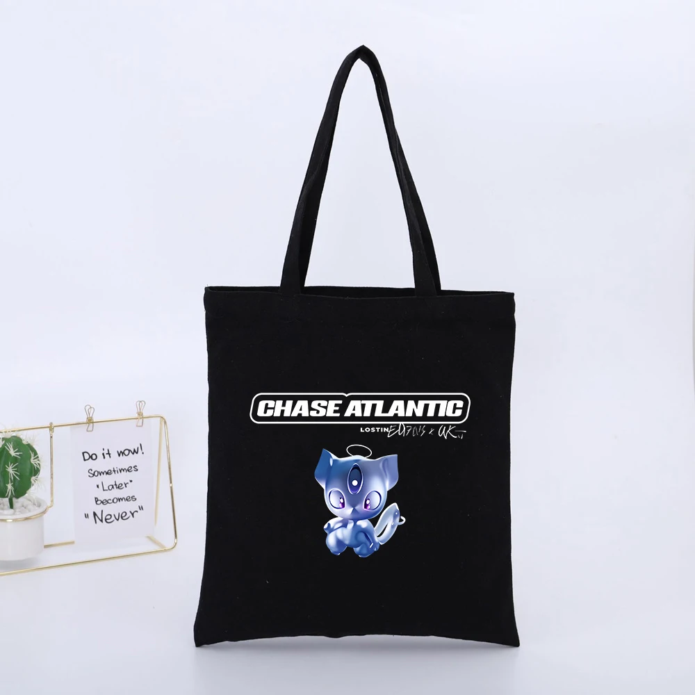 Fantasy Creature Print Black Canvas Tote Bag, Urban Style for Daily Shopping and Casual Outings