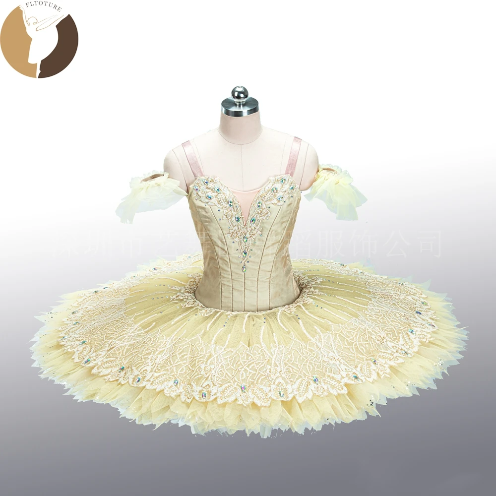 

FLTOTURE QW1478 Adult Gold Classical Ballet Pancake Platter Tutu Skirt Ballet Variation Paquita Competition Performance Costumes