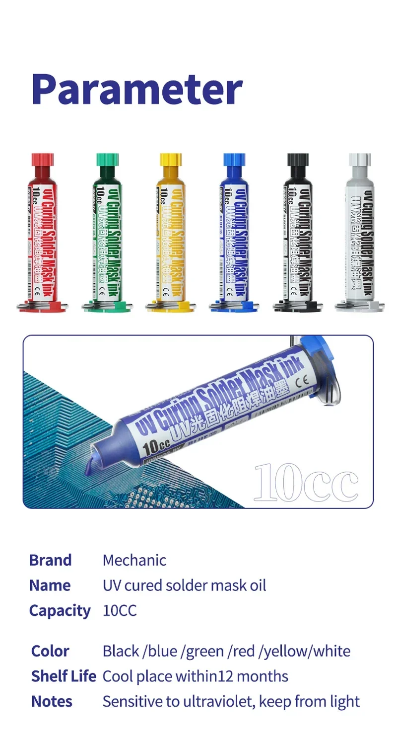 MECHANIC UV-Lötmasken-Grünöl-Set mit UV-Härtungslicht, schnelltrocknend, für PCB-BGA-Drahtreparaturen bei Telefon-Motherboards – Detail 8