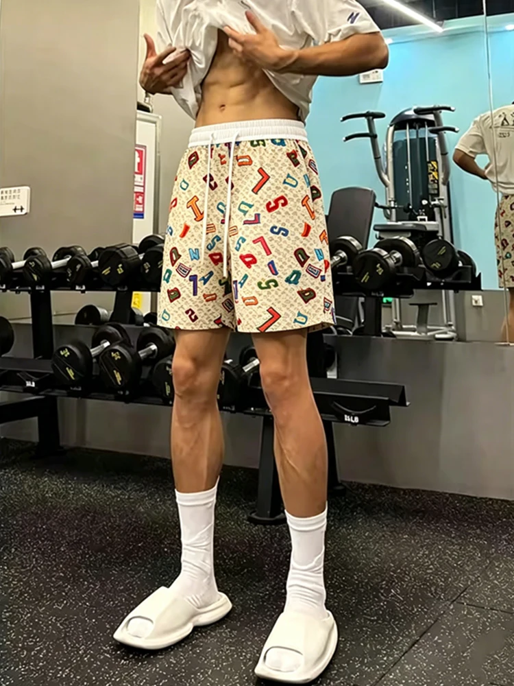American Embroidered Letter Men's Shorts Summer Outdoor Beach Loose Casual Sports Five-Quarter Length Polyester Blend