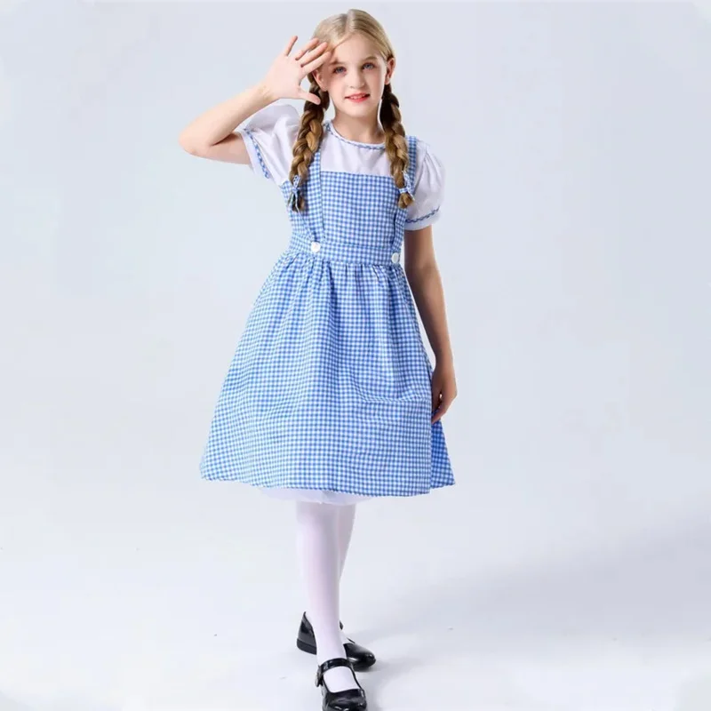 Kind Traditionele Blauwe Plaid Oktoberfest Dirndl Jurk Kostuum Voor Kid Meisjes Halloween Feest Cosplay Dorothy Tovenaar Van Oz Kostuum