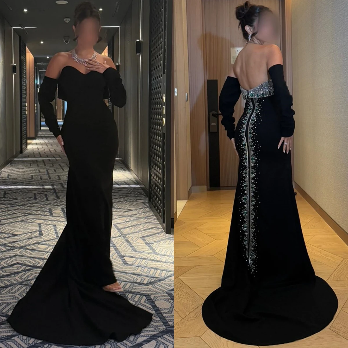 

Customized Elegant Black Jersey Evening Dress Formal Boat Neck Long Sleeves Celebrity Gowns Classic Mermaid Crystal Party Dress