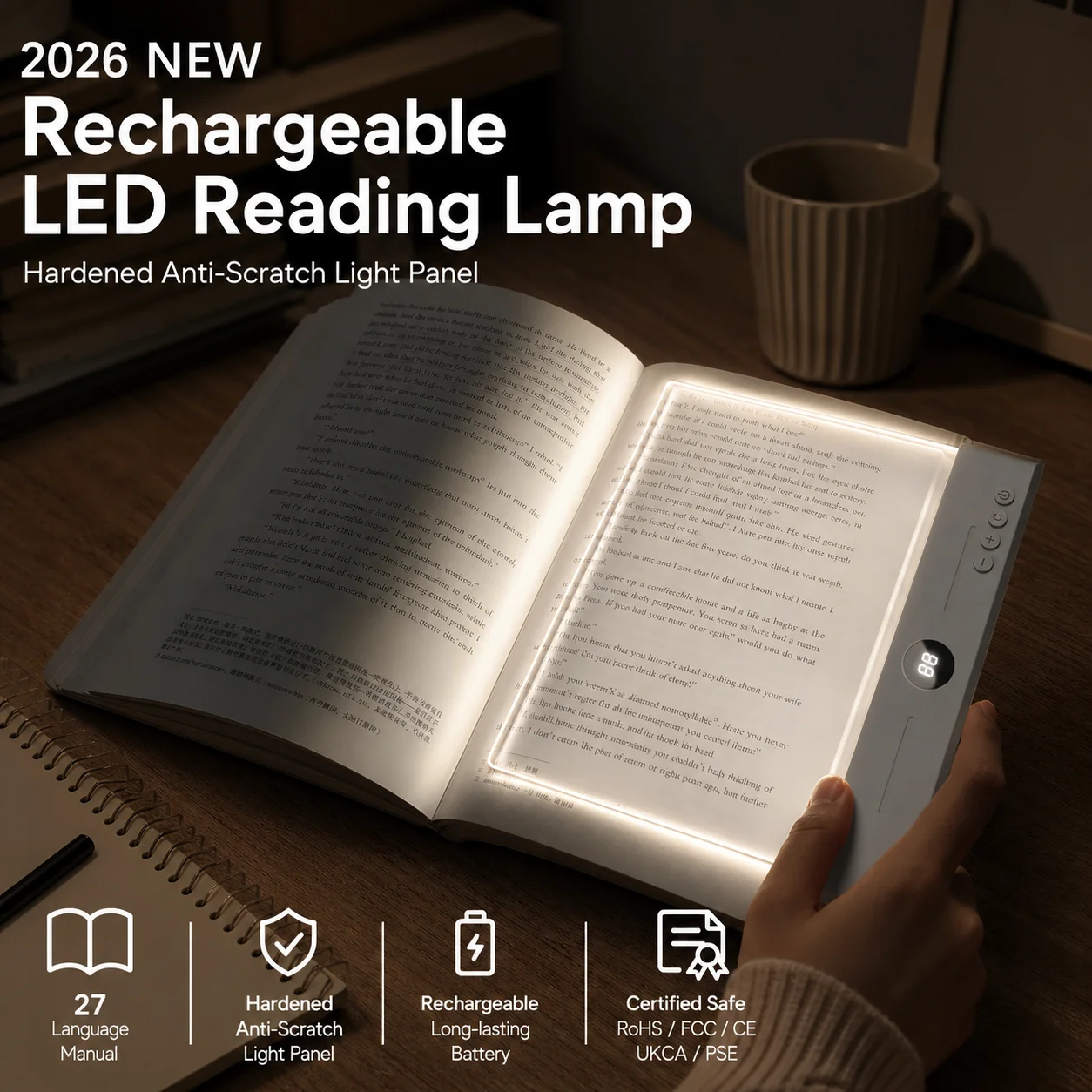 WWPPU LED Flat Panel Book Light 1-99M Timer Screen 2-in-1 Night Light 3 Colors Stepless Dimmable Rechargeable Reading Lamp