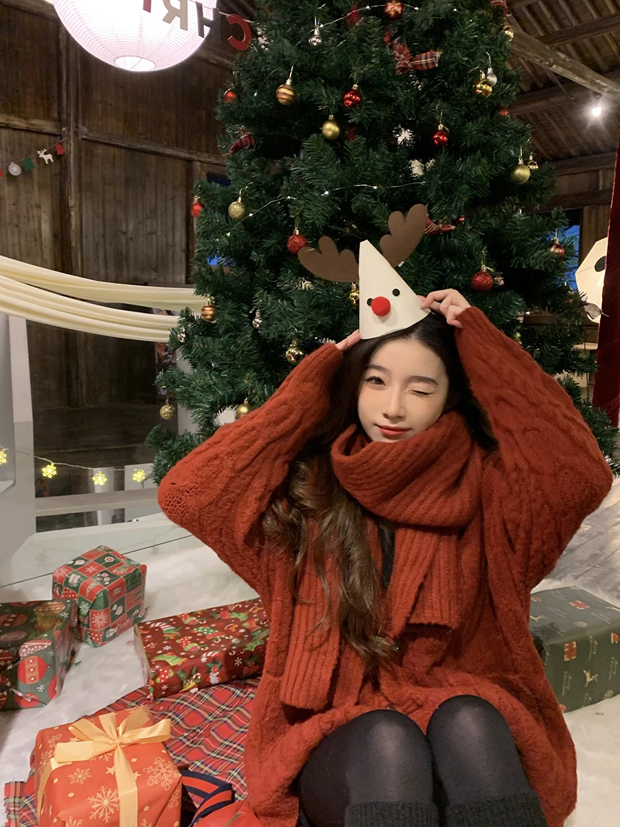 

Вязаный шарф-свитер Simona Cisas Gift Thiened, красный, свободный, длинный, средней длины, с высоким содержанием шерсти, зимний, женский трикотаж