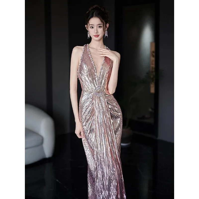 

Halter-neck sequined fishtail morning gown evening dress toasting collar banquet elegant host