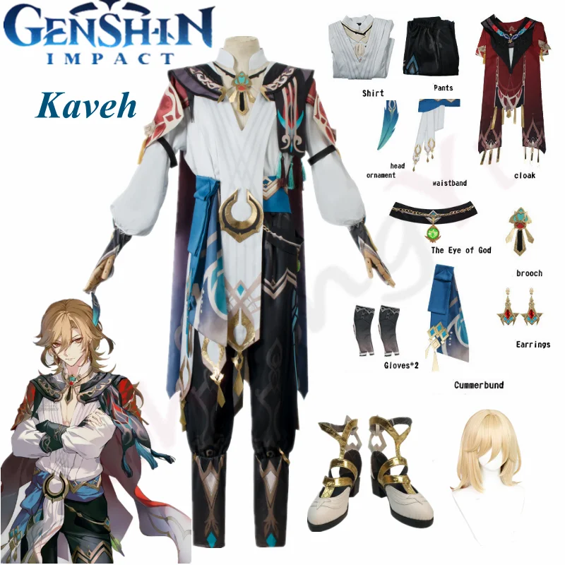 Gioco Genshin Impact kveh Costume Cosplay parrucca e scarpe accessorio per capelli Barrette Set completo Costume da festa di carnevale di Halloween