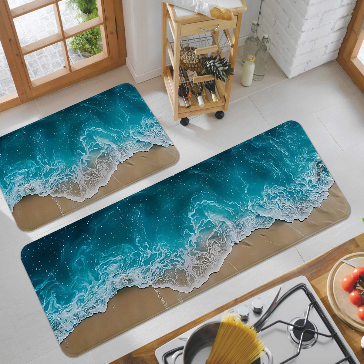 1/2/3 قطعة سجادة منطقة موجة الشاطئ، مجموعة سجادة أرضية غير قابلة للانزلاق للمطبخ، ديكور منزلي، مناسبة للحمامات والردهيات وغرف المعيشة، #1