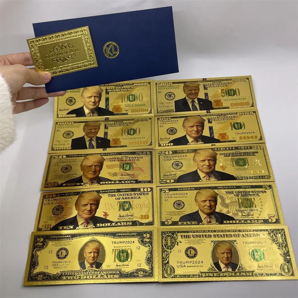 10pcs Trumb 24K Gold Plated banknotes US Dollar fake money trum-p souvenir cards business gift travel collection