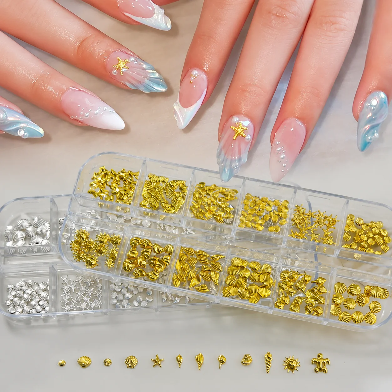 12 Grid Ocean Series Metal Nail Charms Gold Silver Shell Starfish Mixed Nail Art Decoration Accessories