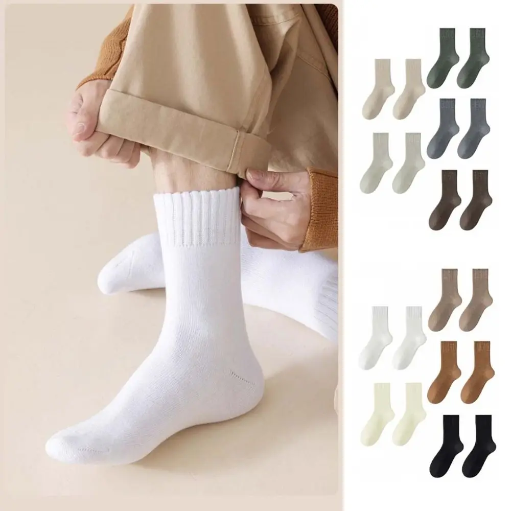 5Pairs Basic Simple Thicken Warm Socks Solid Color Stripe Thermal Mid Length Socks Thicker Mid Tube Winter Socks Men Sleeping