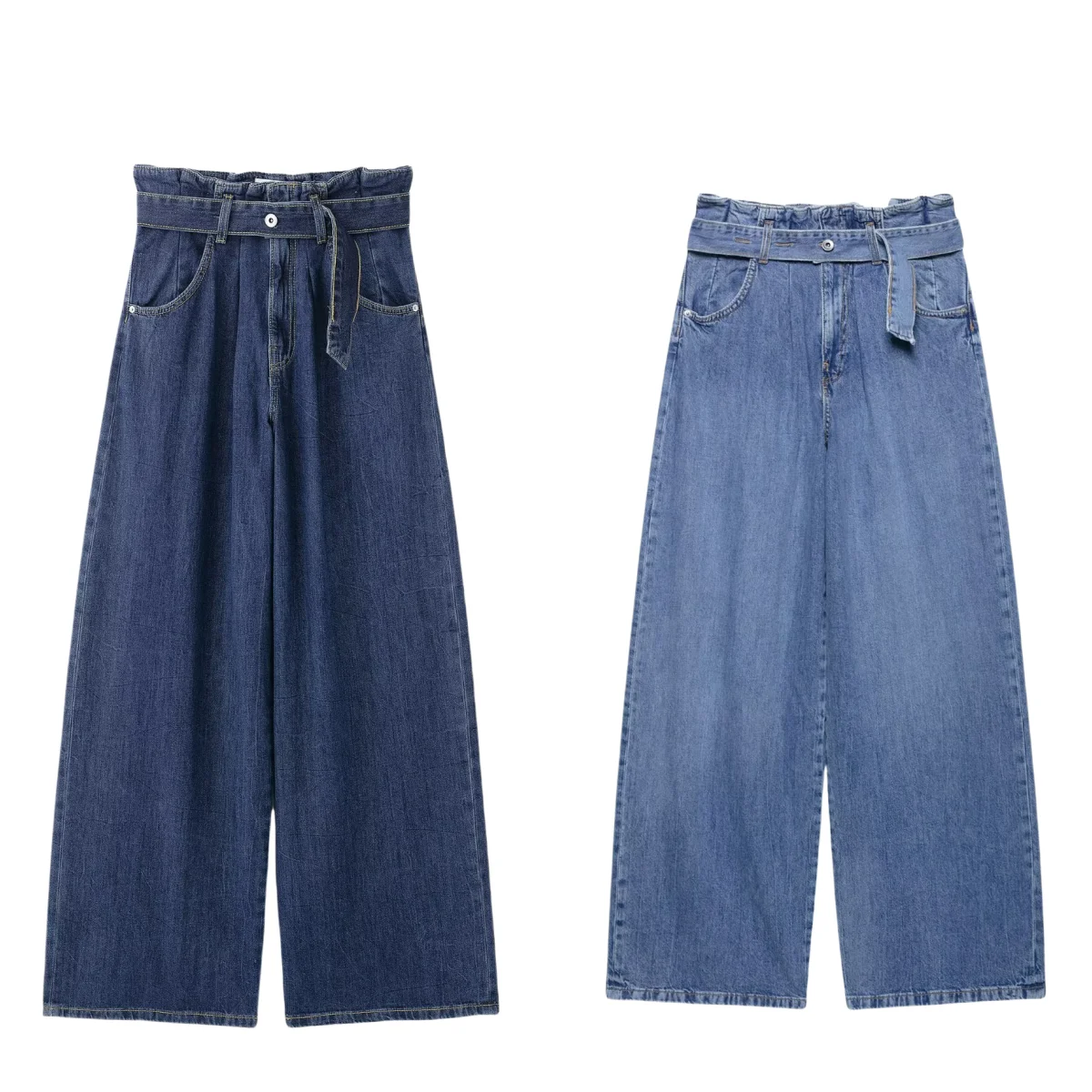 BM&MD&ZA Calça feminina jeans de cintura alta com cinto e pernas largas, elegante, detalhe de botão, design de bolso, moda feminina