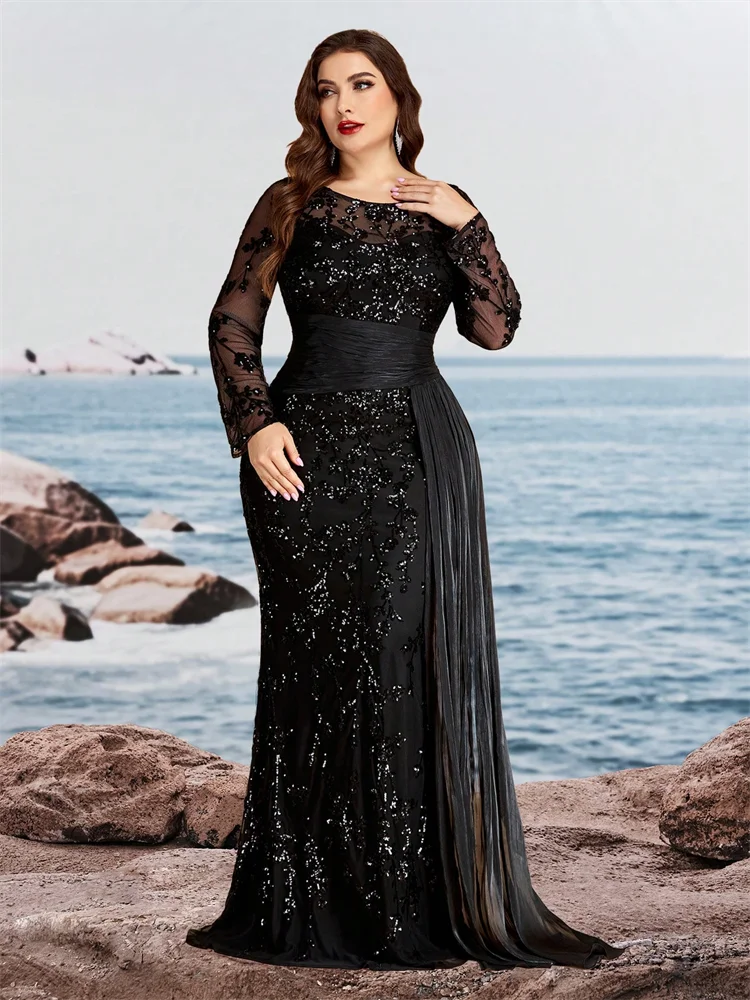 Lucyinlove Plus Size Elegant Long Sleeves Sequins Patchwork Ribbon Pleats Formal Evening Dresses Luxury Mermaid Party Gown Prom view 5