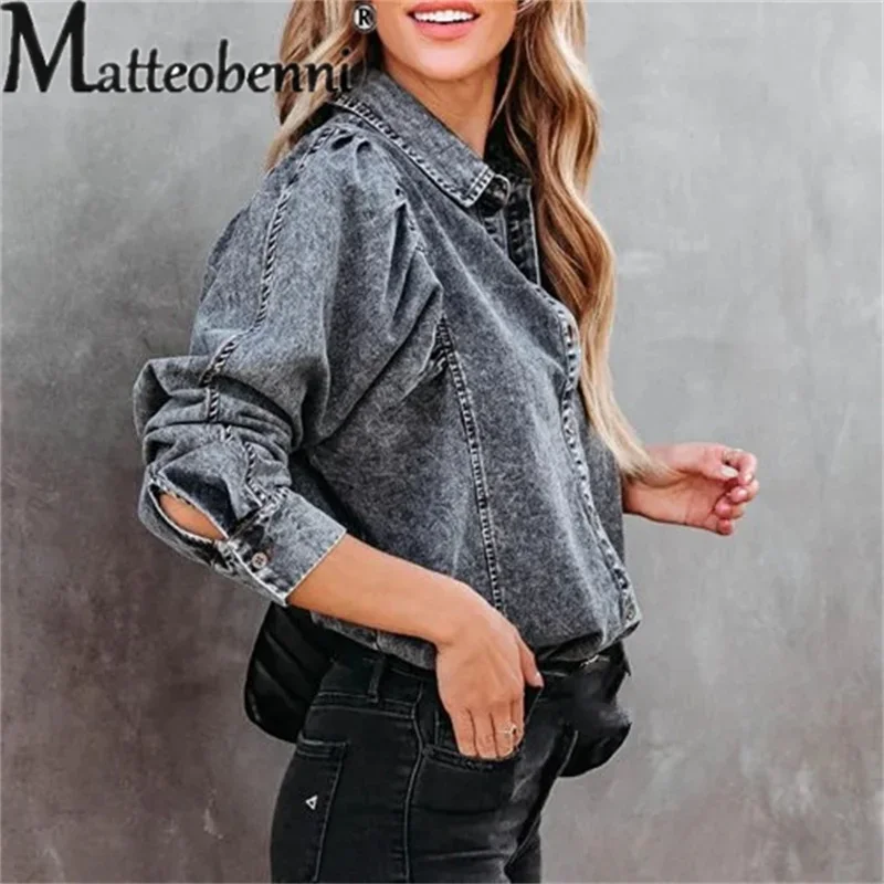 Fashion Lapel Cardigan Denim Shirt Female Spring Autumn Versatile Basic Streetwear Casual Blouse 2024 Vintage Loose Women\'s Tops