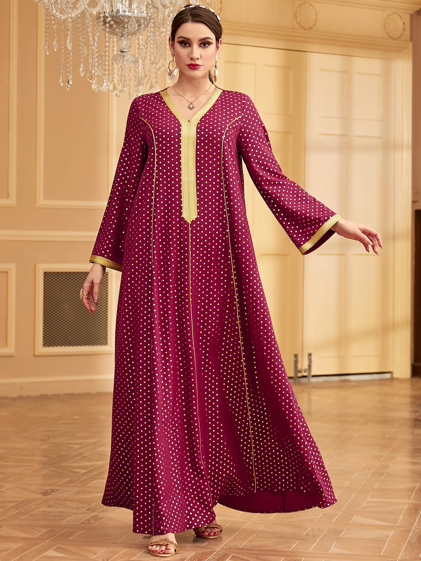 Eid Muslim Party Dress for Women Ramadan Abaya Dresses V Neck Polka Dot Morocco Kaftan Vestidos Largos Dubai Robe Jalabiya 2024