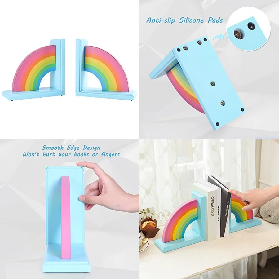 

Wooden Rainbow Book Ends Non-Skid Cute Bookends Book Stoppers for Girls Home 's Room Classroom Nursery Decor, Pack of 2