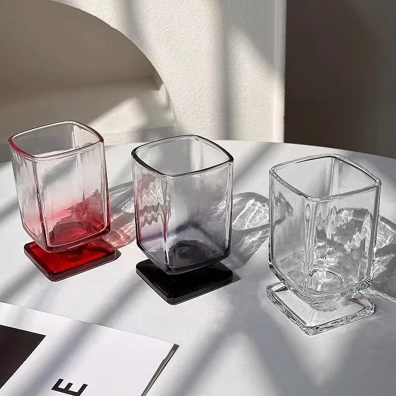 180ml Retro Square Glass Cups Short Foot Drinkware Multicolored Kitchen Glass Juice Bubble Water Espresso Cups Kitchenware Gifts