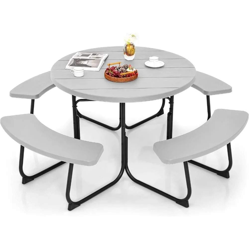 

Picnic Table Set for 8 Persons - Round Outdoor Table & Bench Set with Umbrella Hole, Durable HDPE Top & Metal Frame