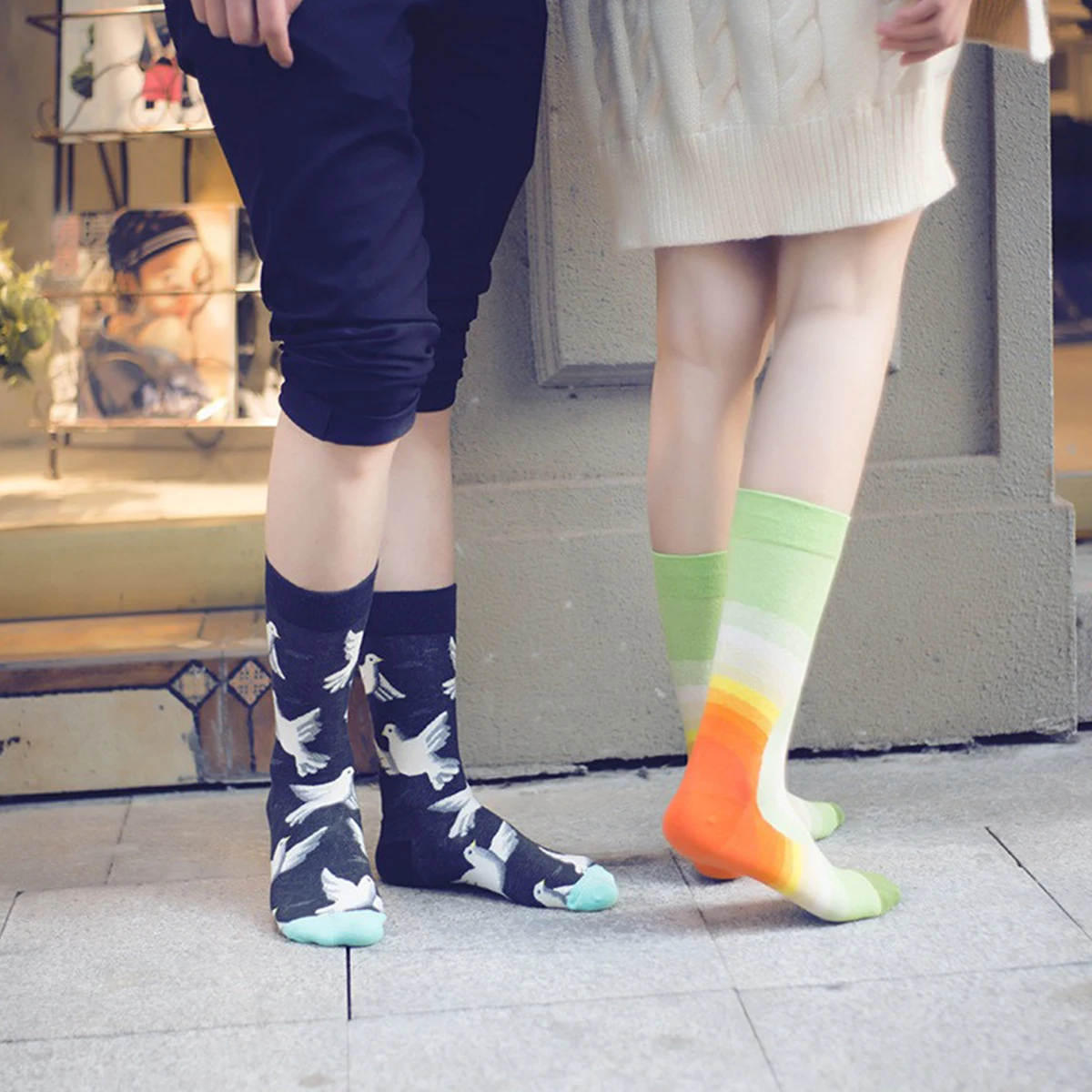 1 Pair Couple Socks Harajuku Style Art-painted Flower Plant Pigeons Suit in All Seasons For Daily Dress Streetwear