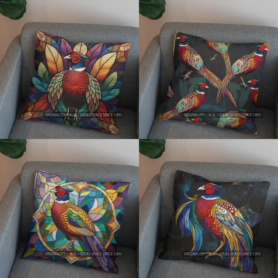 2D Stained Glass Pheasant Design Decorative Pillow Pattern Cushion Cover Suitable For Sofa Bedroom Car Pillow Cover
