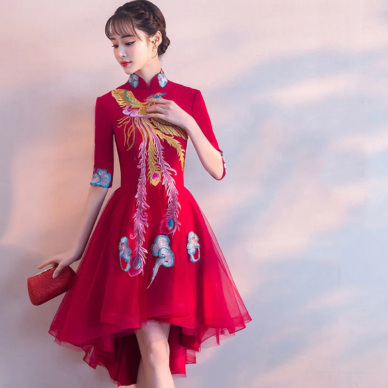Burgundy Wedding Party Cheongsam Oriental Evening Dress Chinese Traditional Womens Elegant Qipao Sexy Satin Robe Retro Vestido