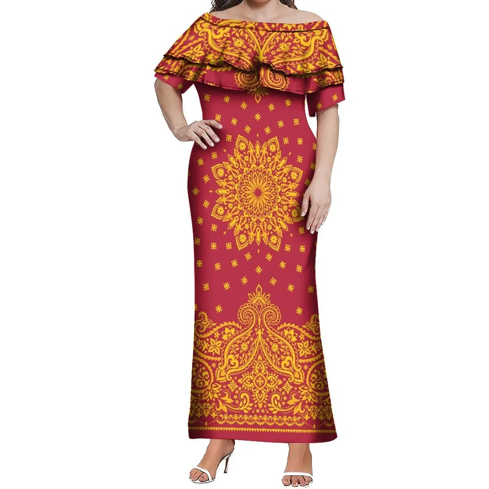 Elegante vestido de emagrecimento de folha de lótus de camada dupla de um ombro para o verão bandana vestido de festa e festival personalizado feminino