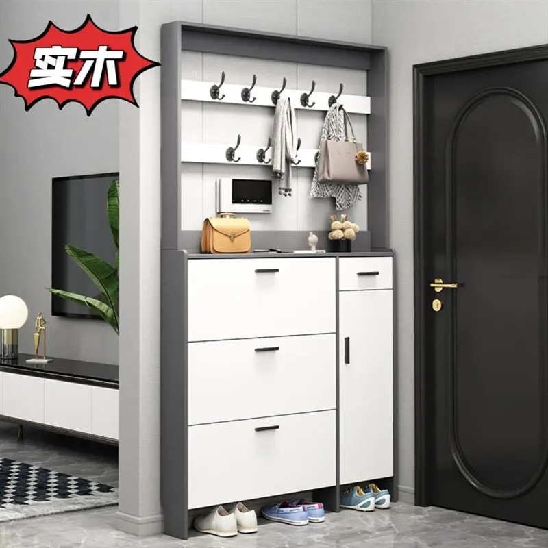 Enter the door coat rack shoe rack integrated ultra-thin ultra-thin shoe cabinet with hanger integrated solid wood shoe cabinet